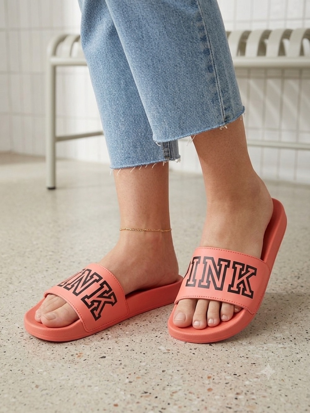 NWT Victoria's Secret PINK Coral Logo Slide Sandals Size S